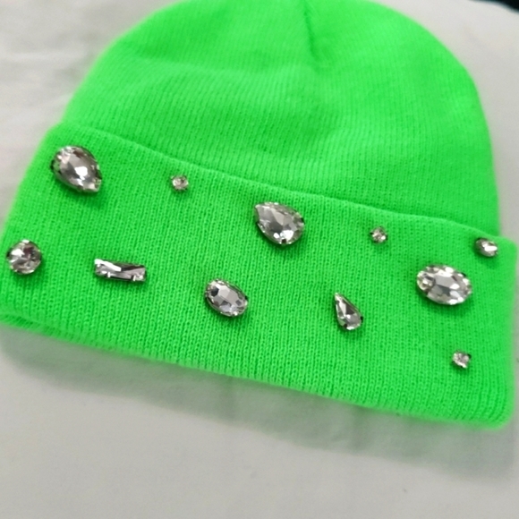 Neon green bling rhinestone beanie - Picture 2 of 4